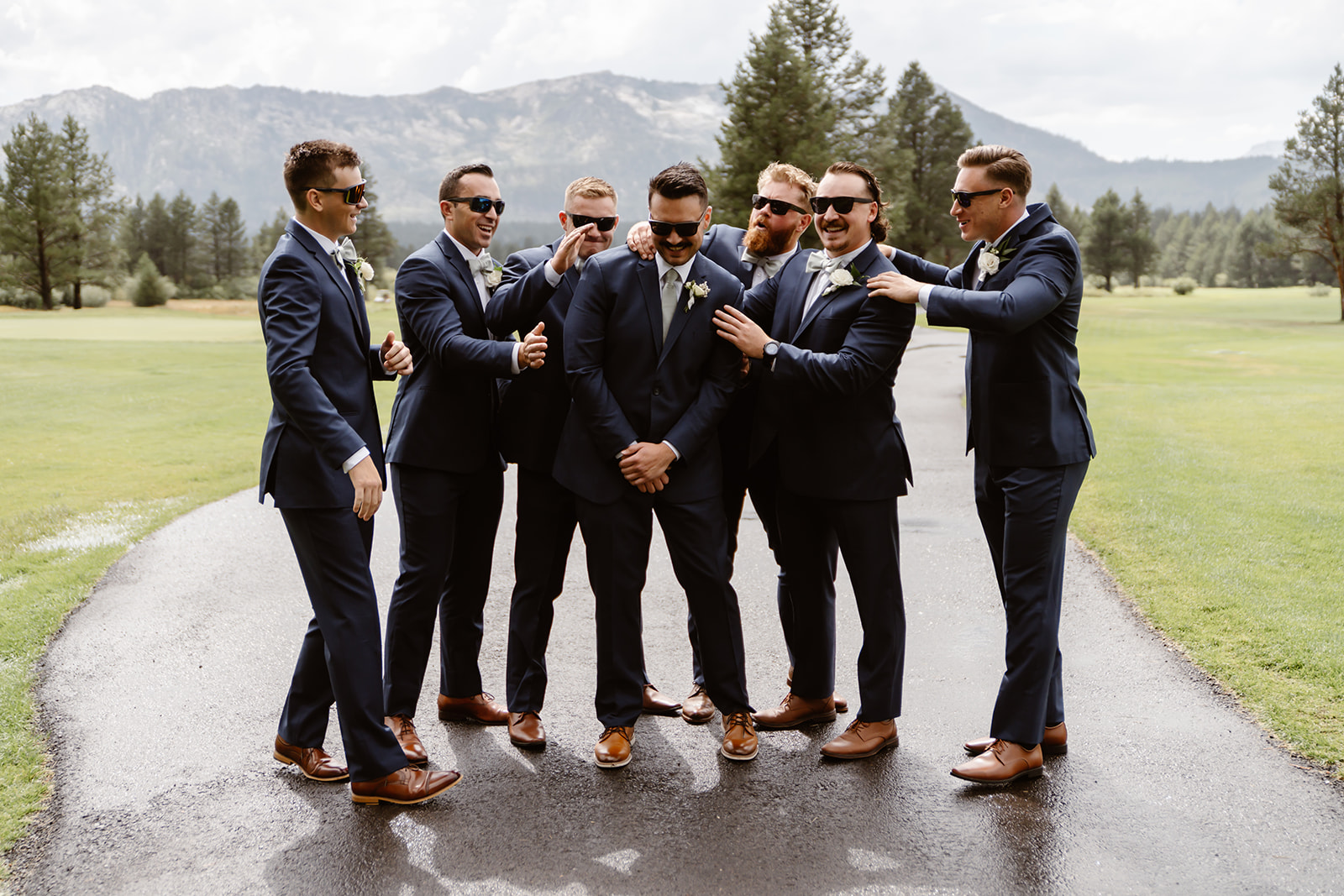 Groom and his groomsmen wearing sunglasses at the Lake Tahoe Golf Course wedding