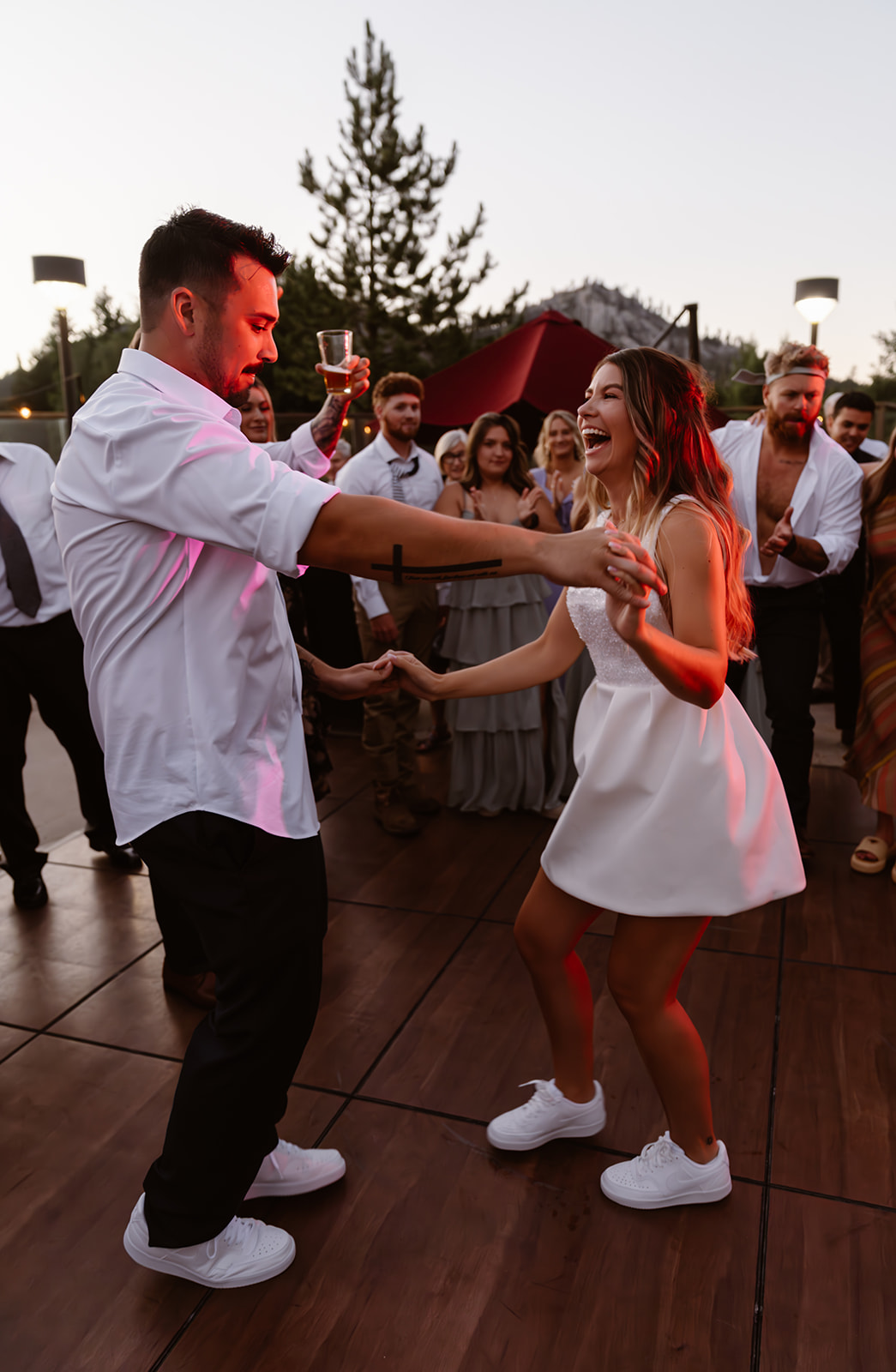 Bride and groom dance at their Lake Tahoe Golf Course wedding reception