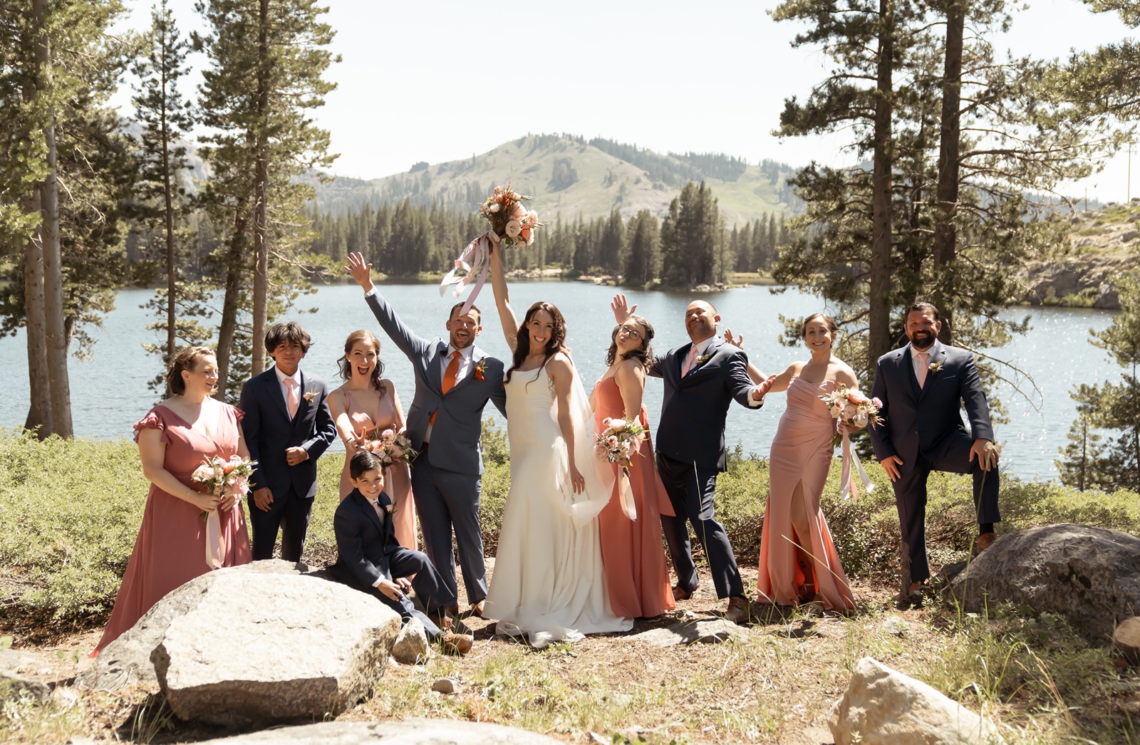 Wedding party poses at the Truckee wedding venue