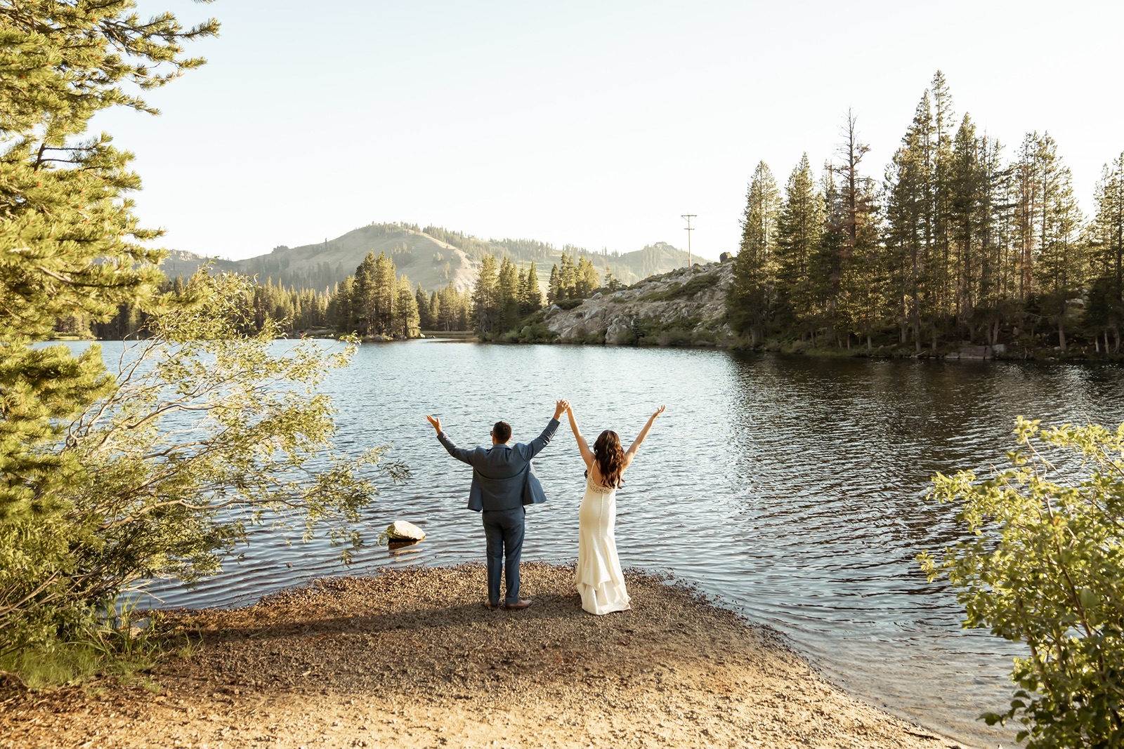 Couple poses for portraits at their Truckee wedding venue