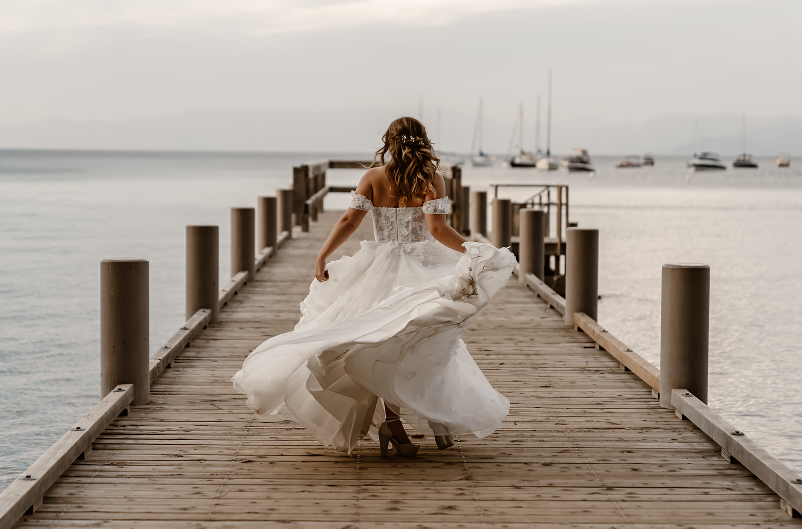 bride on dock at Lake Tahoe