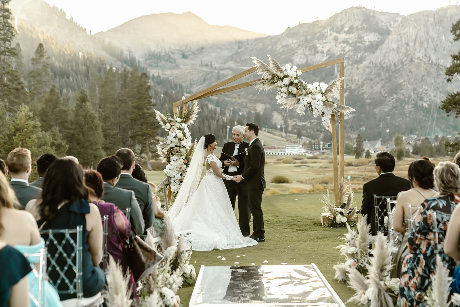 Bride and groom say their vows at the Lake Tahoe outdoor wedding