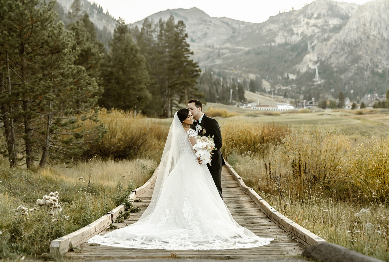 Bride and groom pose for Lake Tahoe wedding photos