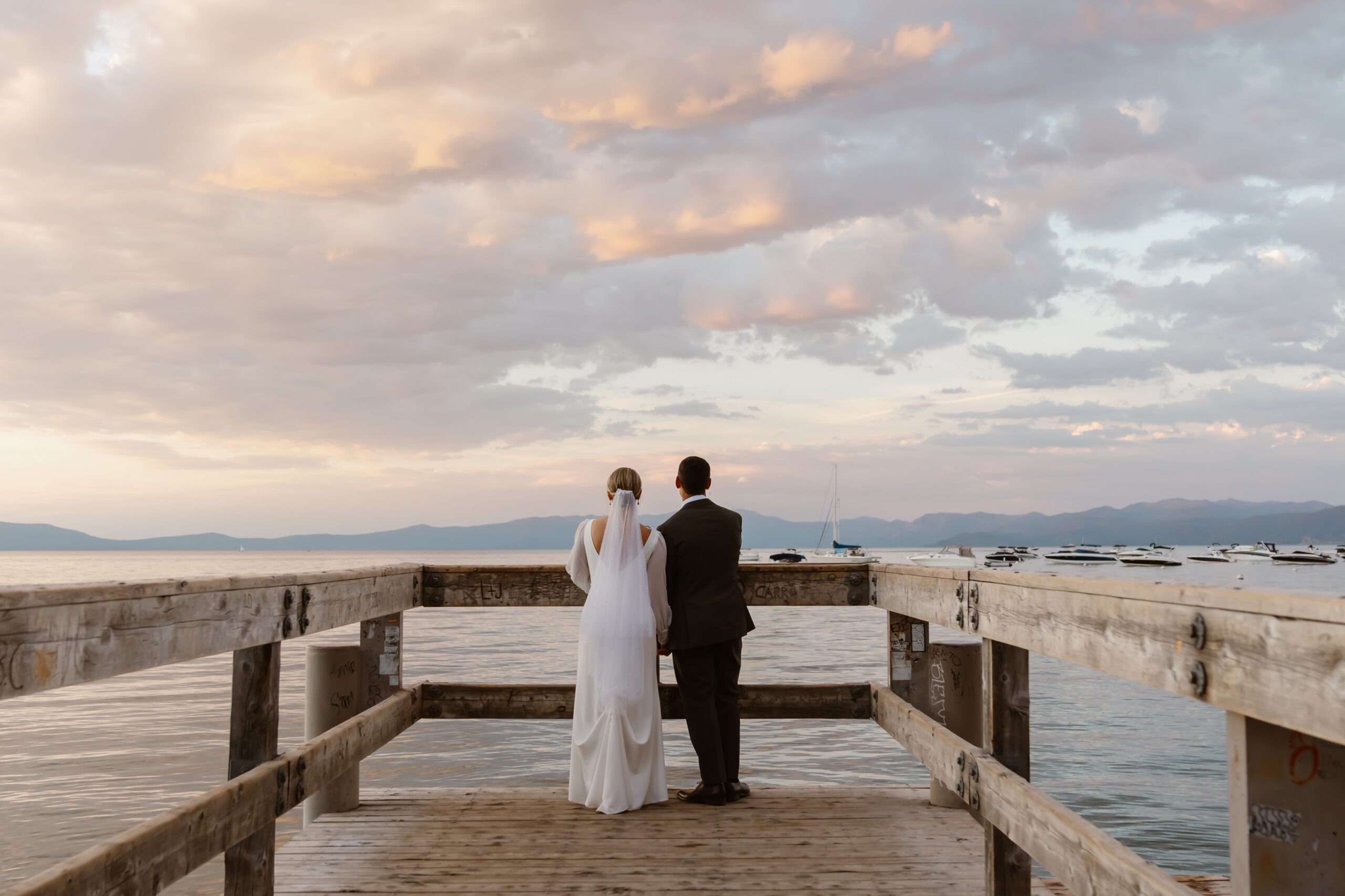 Lake Tahoe sunset wedding photo of bride and groom