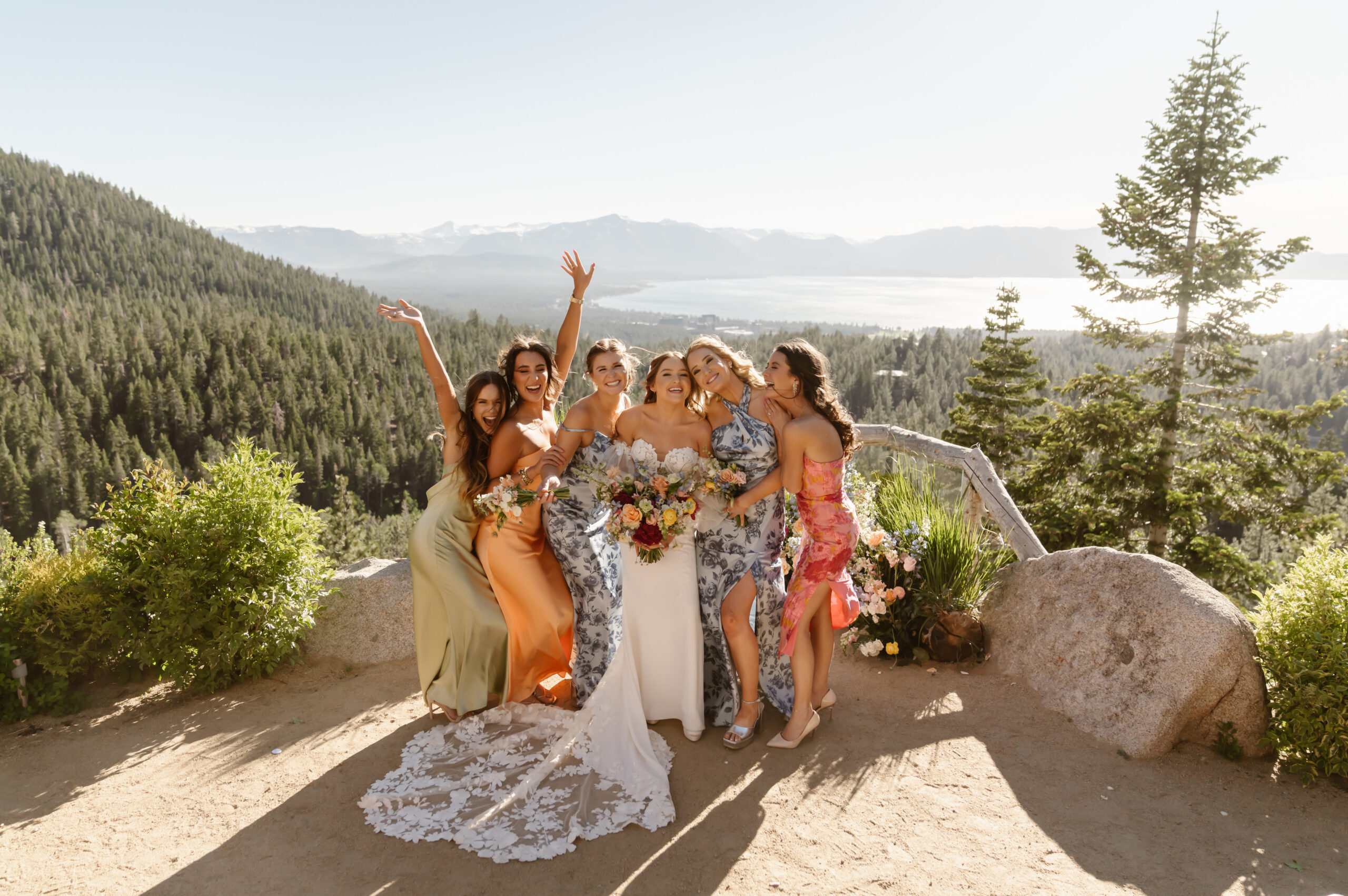 Bride with bridesmaids at the Lake Tahoe wedding