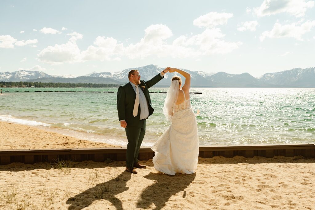 Bride and groom with Lake Tahoe as the backdrop