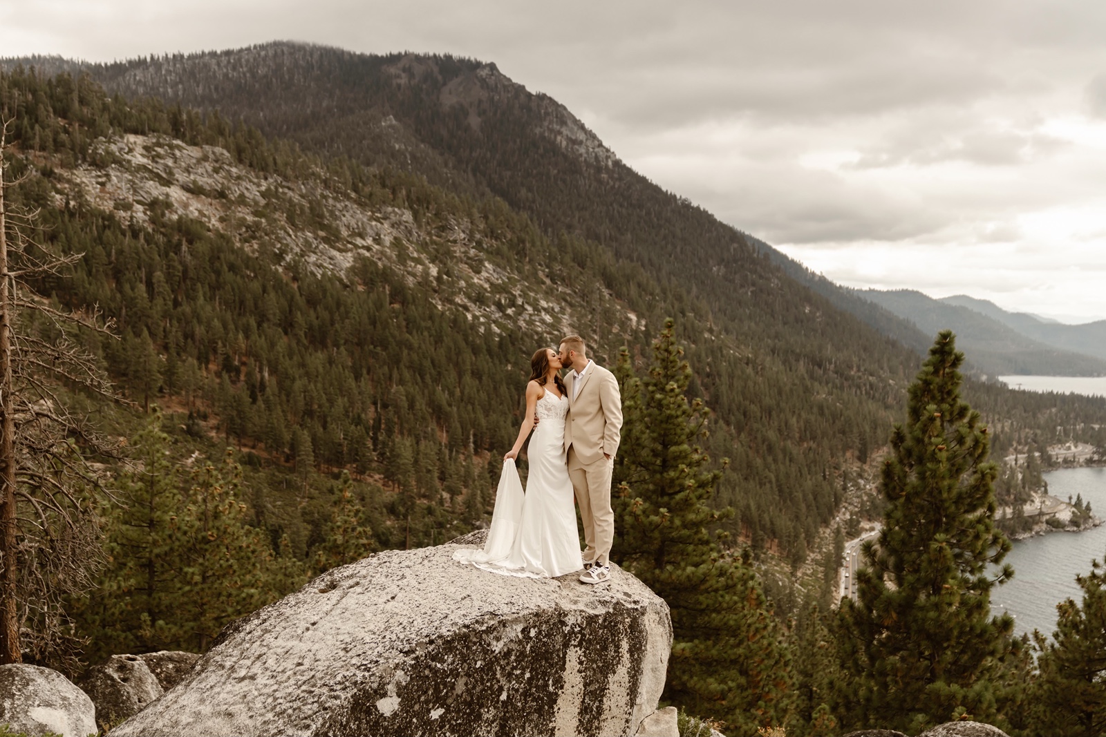Bride and groom smile at their Monkey Rock elopement
