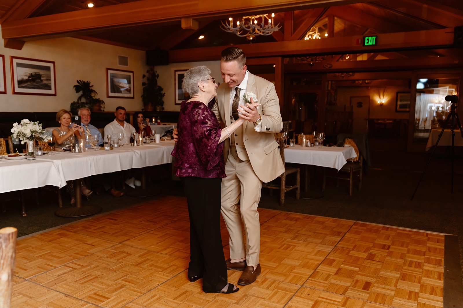 Groom and mother dance at Gar Woods wedding reception
