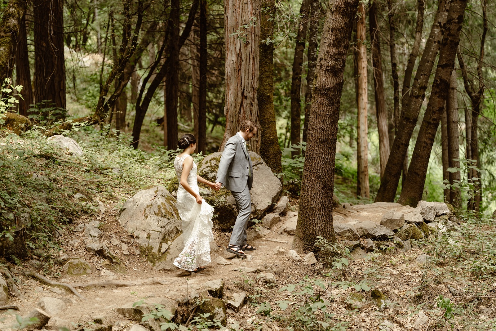 Bride and groom explore near Miners Foundry