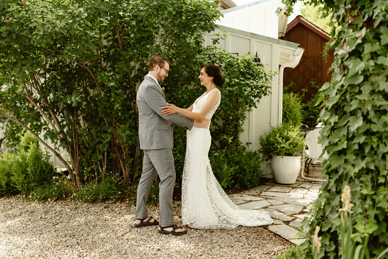 Bride and groom have first look at their Miners Foundry wedding