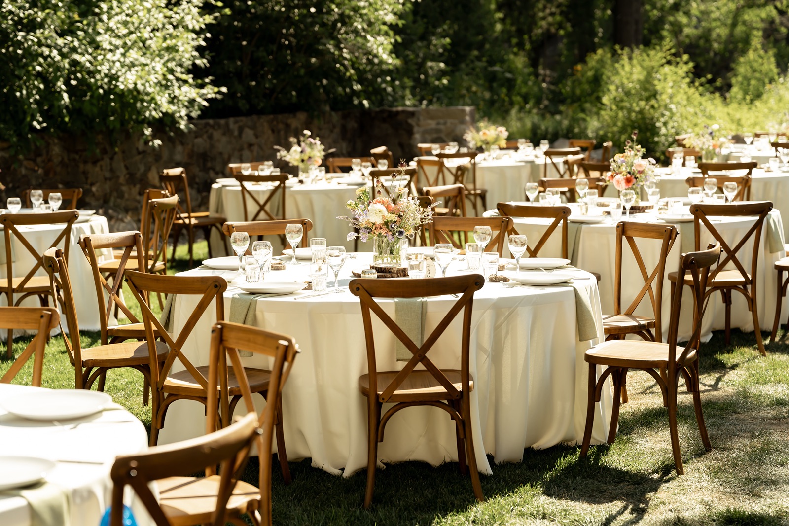 Outdoor wedding reception setup at Rainbow Lodge in Soda Springs