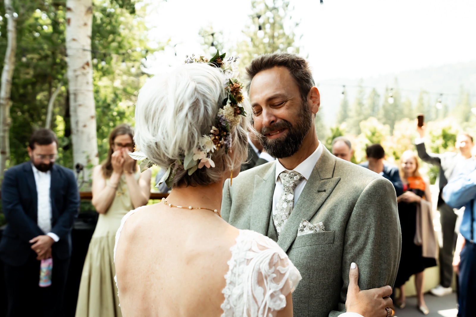 Bride and groom have first look before their Rainbow Lodge wedding