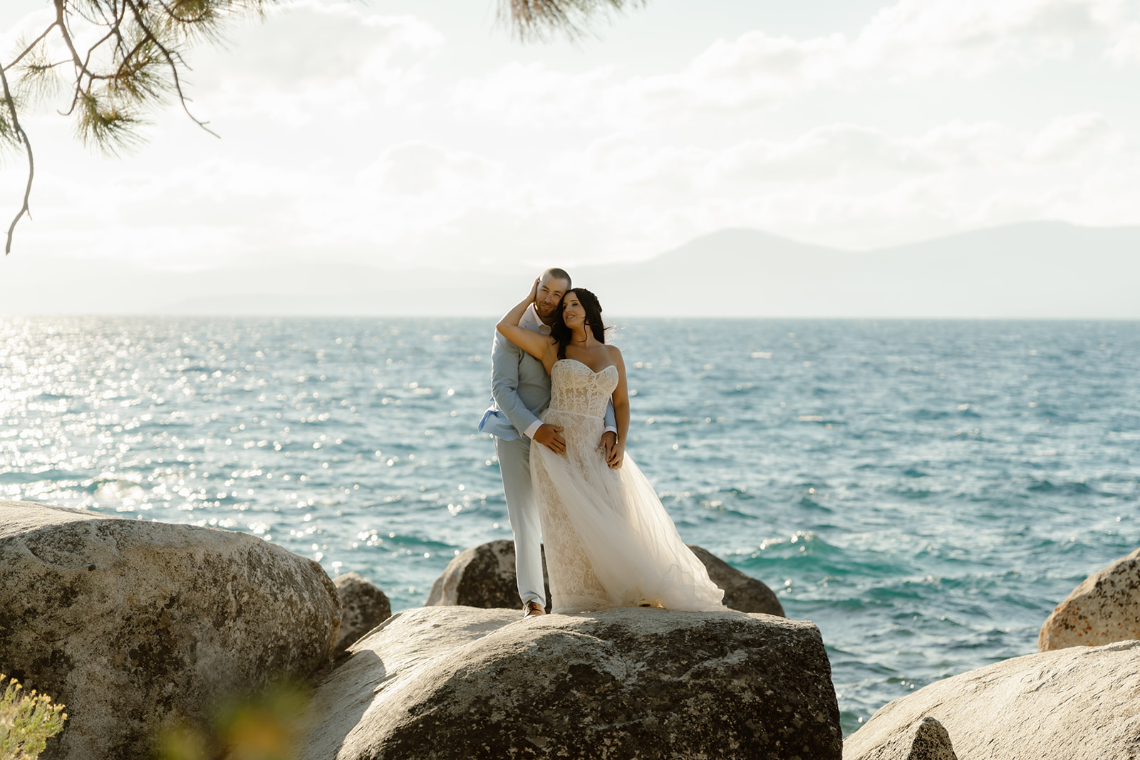 Bride and groom pose for Sand Harbor elopement photos