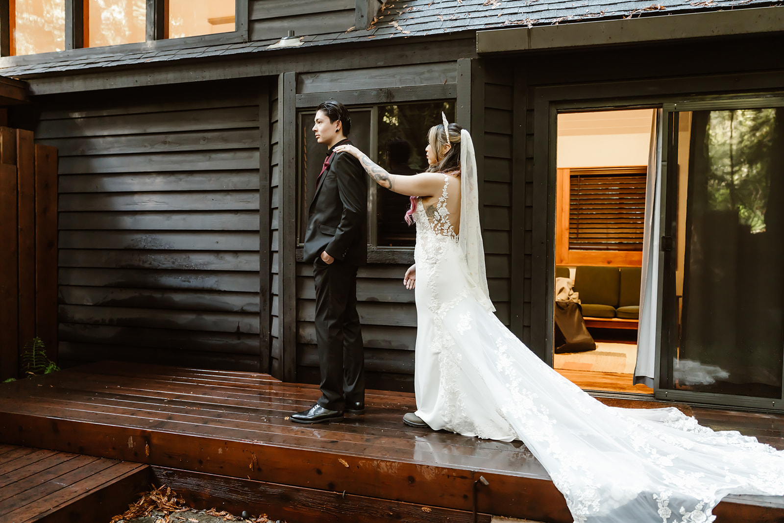 Bride taps groom on shoulder during Big Sur elopement first look