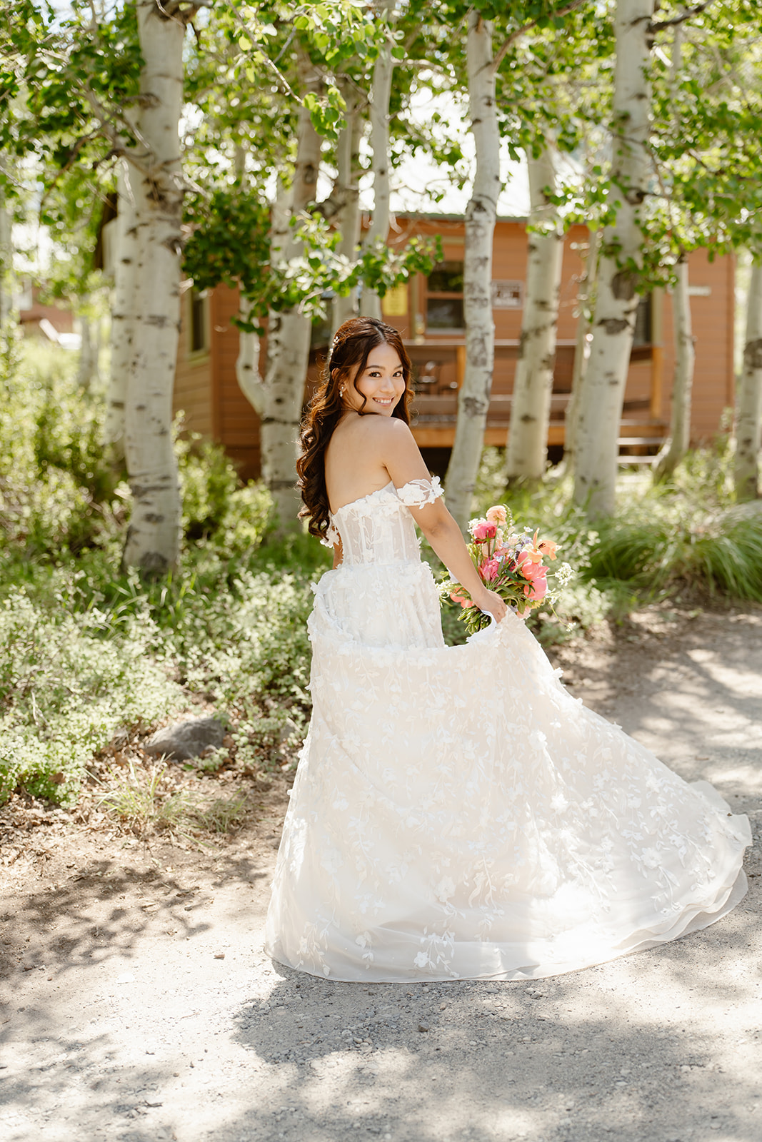 Bride in wedding dress at her Mammoth Lakes wedding