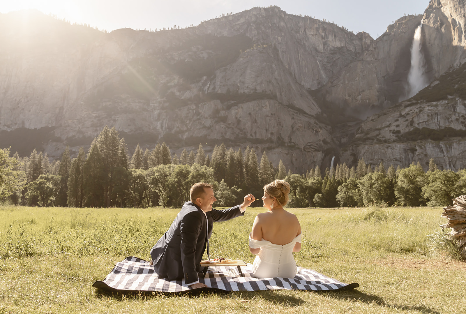 Bride and groom having an elopement at Yosemite Falls